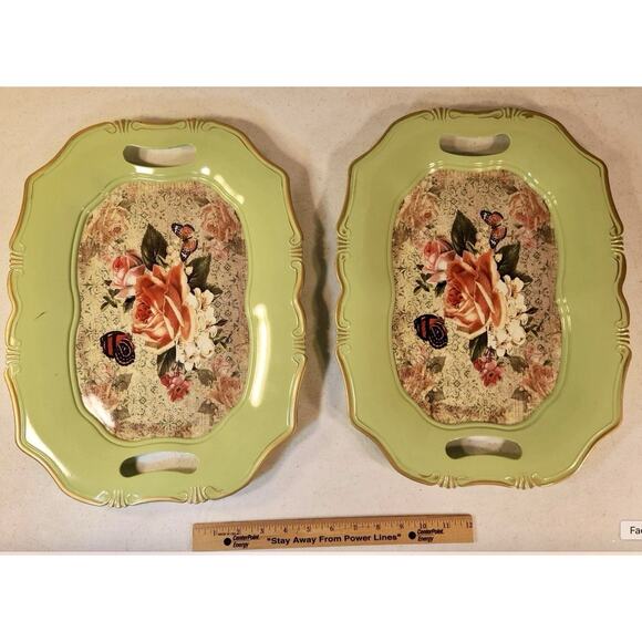 Vintage Inspired Roses Birds Retro Serving Trays Light Green - Picture 1 of 3